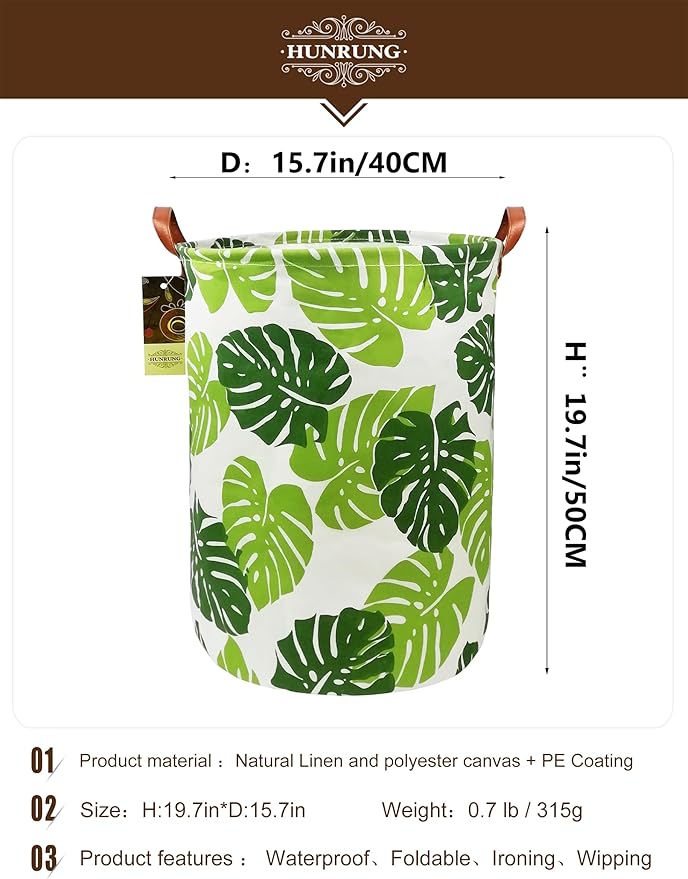 HUNRUNG Laundry Hamper,Large Canvas Fabric Lightweight Storage Basket Toy Organizer Dirty Clothes Collapsible Waterproof for College Dorms, Children Bedroom,Bathroom (Round Leaf)