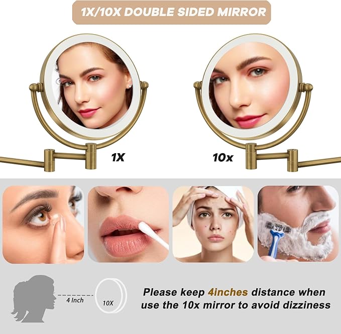 Antique Brass Rechargeable Wall Mounted Makeup Mirror, 1X/10X Magnifying Mirror for Bathroom, 8 Inch 2 Sided 360 Swivel Extendable Arm Vanity Shaving Mirror for Bathroom