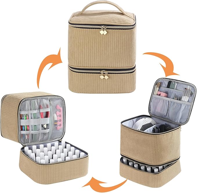Corduroy Nail Polish Organizer and Nail Lamp Case, Nail Kit Organizer Holds 30 Bottles (15ml - 0.5 fl.oz) and a Nail Lamp, Nail Polish Carrying Case with Manicure Tools Storage Sections (Brown)