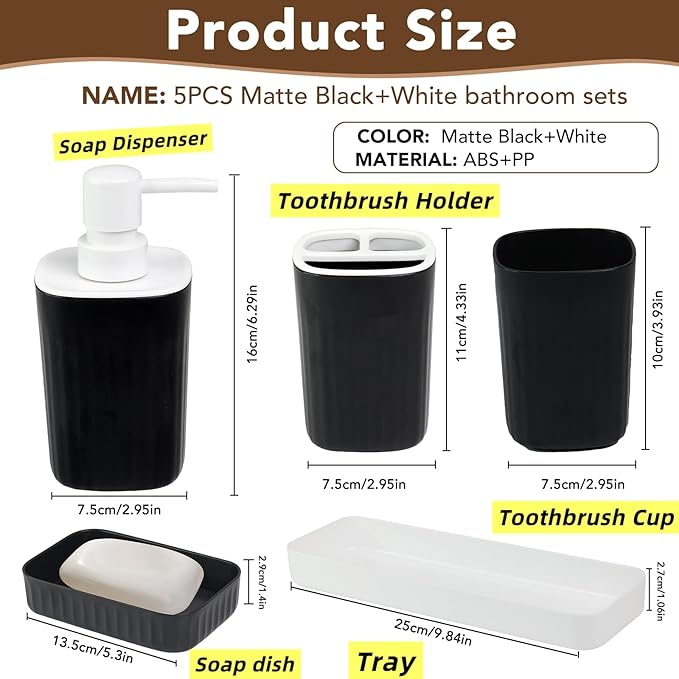 Bathroom Accessories Set 5pcs- Bathroom Set, Plastic Bathroom Accessory Sets with Lotion Soap Dispenser, Soap Dish, Toothbrush Holder, Toothbrush Cup, Vanity Tray, Boho, Modern Bath Decor, Matte Black
