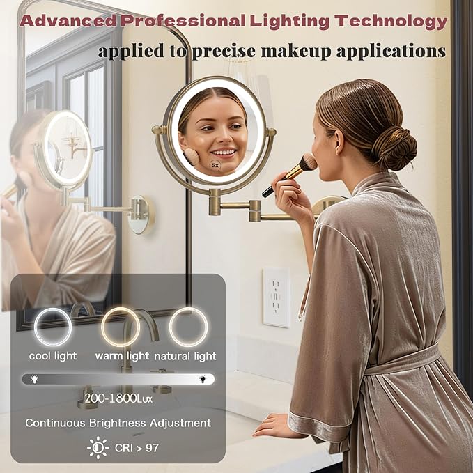 Brass Lighted Makeup Mirror Wall Mounted for Bathroom, Upgraded Brightness 3-Colors LED, Rechargeable Touch Dimmable 1X/5X Magnifying Vanity Mirror Swing Arm, Brushed Antique Brass