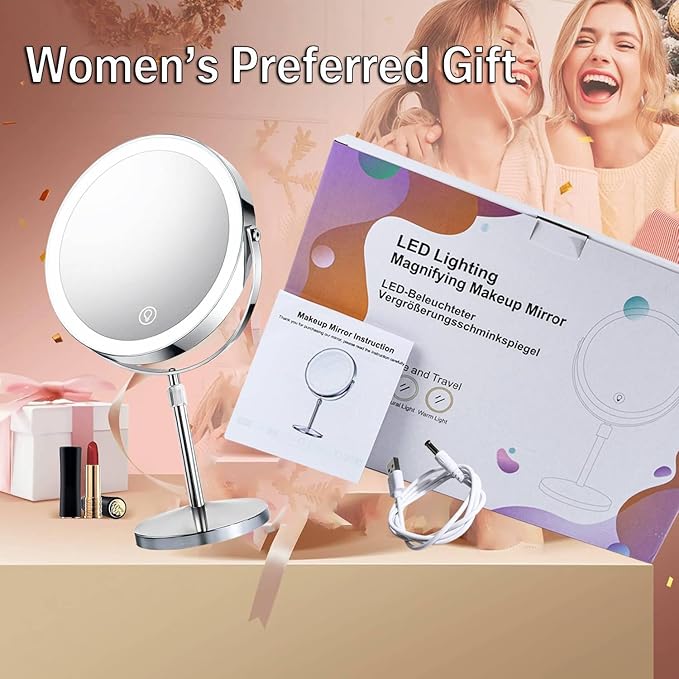 Makeup Mirror with Lights and Magnification, Electric Lighted Standing Mirror with 10x Magnification, Magnifying Mirror with Light for the Bathroom, 360° Rotation & Height Adjustable