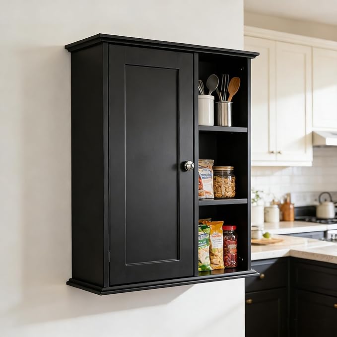 The Wide Usage Wall Medicine Cabinet with Storage Shelves & Anti-Dust Door for Bathroom, Living Room, Kitchen, Entryway,Bedroom (Black)