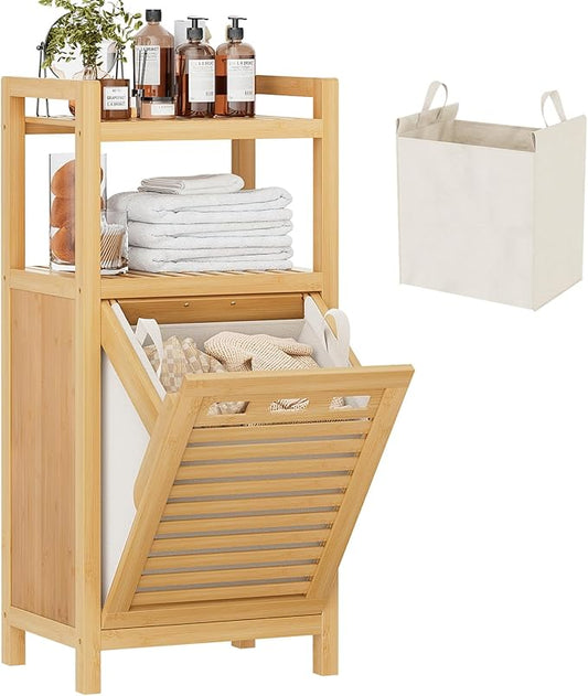 Homykic Tilt Out Laundry Hamper, 10 Gal Bamboo Laundry Storage Cabinet with Removable Basket, Hidden Hamper Organizer with Shelf for Dirty Clothes, Bathroom, Laundry Room, Space Saving, Natural