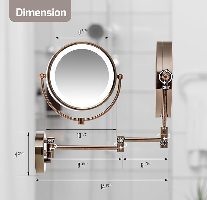 OVENTE Wall Mounted Lighted Makeup Vanity Mirror, 9" Hard Wired Double Sided 1X/7X Magnifying Bathroom Mirror, Dimmable LED Lights, 360° Rotation and 14" Extendable Arm, Antique Brass MPWD3185AB1X7X
