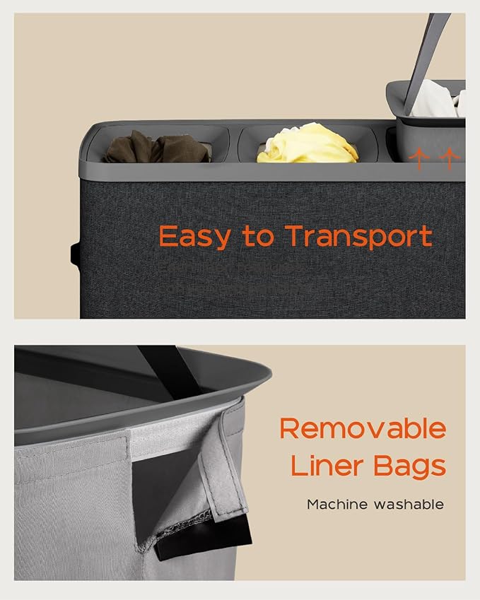 CASAMAYA Laundry Basket with Lid, Laundry Hamper 3 Section, 190L collapsible Laundry Organizer, Easy Assembly,with Handles and Removable Liners, 25.2 x 15.7 x 29.5 Inches, Black JSP904B