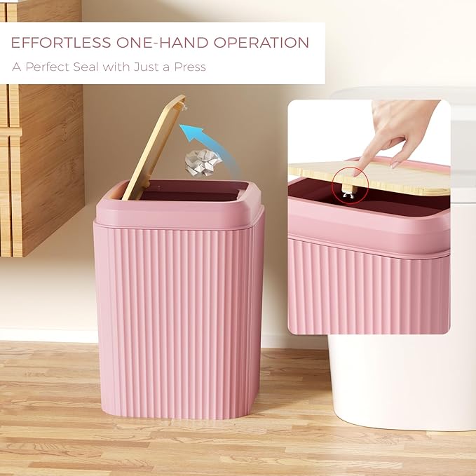 BSSN 10-Piece Pink Bathroom Accessories Set - Unbreakable Modern Bath Decor with Bamboo Accents - Includes Trash Can, Toilet Brush, Soap Dispenser, Tray, 2 Q-tip Holders - Complete Essentials