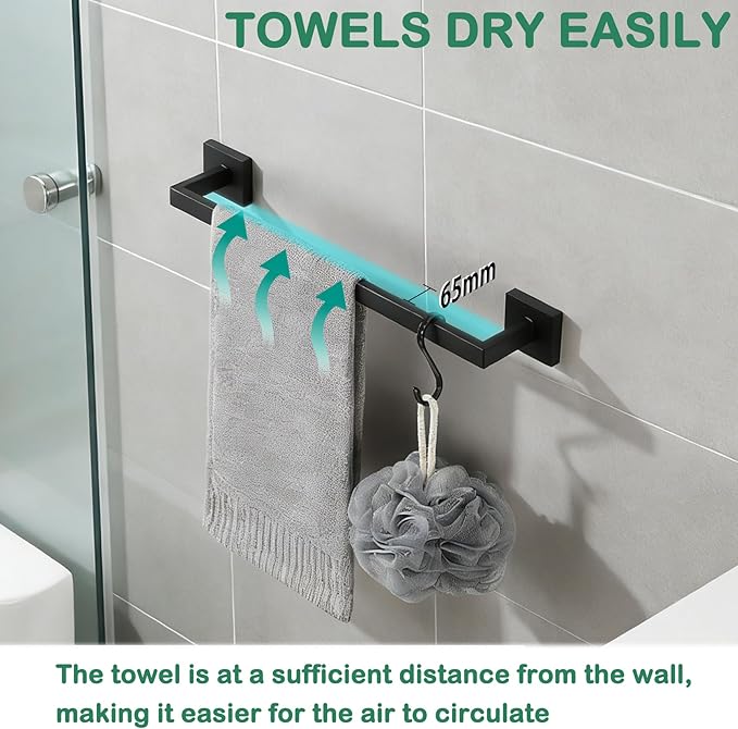 Alise Towel Bar for Bathroom,16'' Towel Holder Black Towel Racks for Bathroom Wall Mount,SUS304 Stainless Steel Towel Rail Towel Hanger for Wall,Matte Black