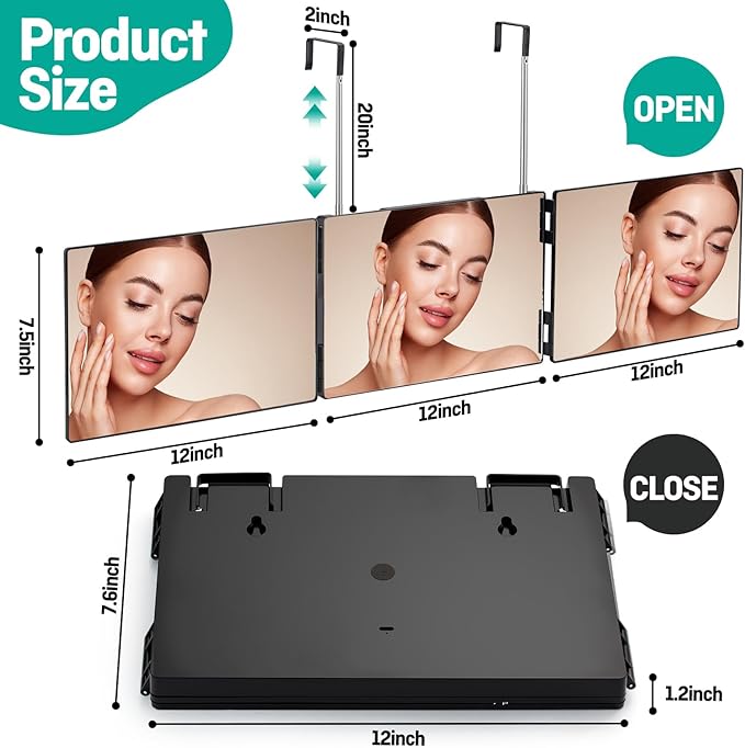 3 Way Mirror for Self Hair Cutting，Tri-Fold Makeup Mirror，360°View with Height AdjustableHooks Anti-Fog HD Glass forShaving, Braiding, DyeHair, Travel Friendly Grooming Tool,Good Choice for Gifts