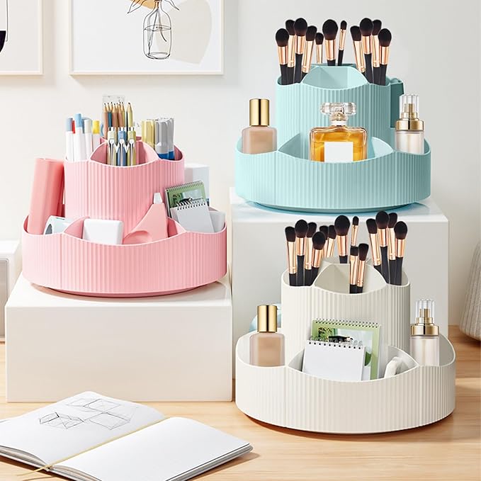 DASITON 360° Rotating Makeup Brush Holder Organizer,Large Capacity Makeup Organizer Countertop,11 Slots Makeup Brush Holder,Cosmetic Organizer,Cosmetic Display Cases for Vanity,Desktop,Bathroom(Pink)