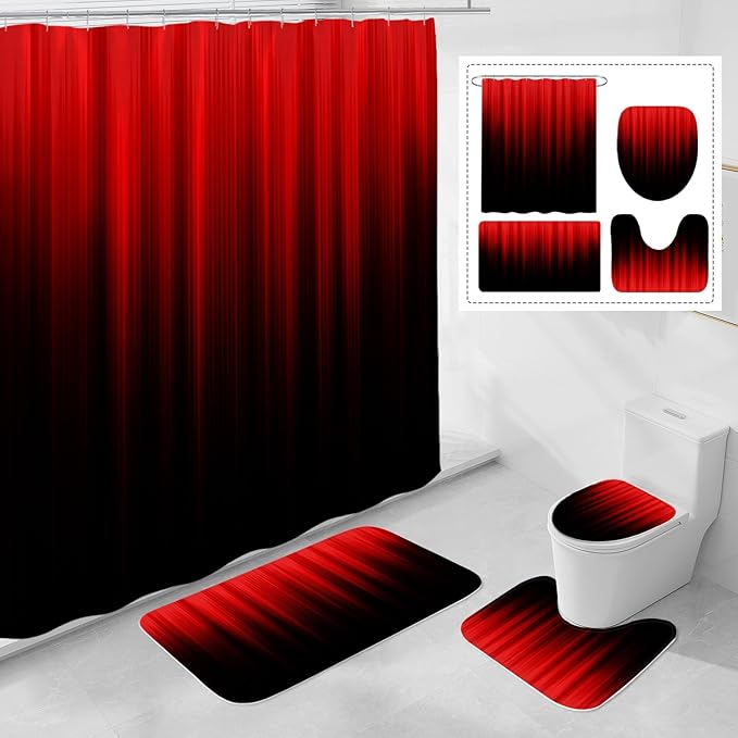 Litabel 4 Pcs Red and Black Gradient Shower Curtain Set with Rugs and Toilet Lid Cover, Modern Simple Waterproof Fabric Bathroom Set, Ombre Stripe Gothic Abstract Bathroom Decor Set Accessories