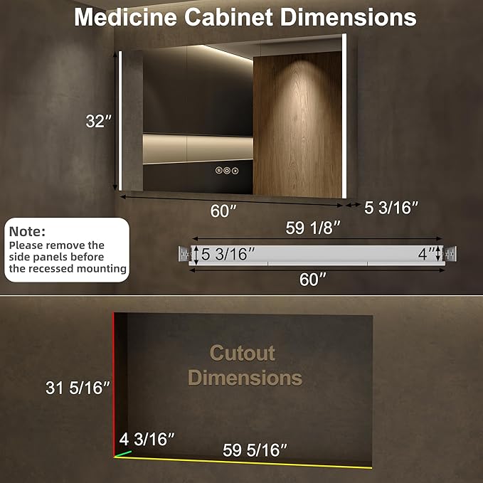Medicine Cabinet with LED Lights and Mirror, 60 x 32 Inch Surface or Recessed Mounted Bathroom Cabinets with Door, Defogger, Memory Function, 3-Color Mode, Outlet&USB, Dimmer, Storage Shelf