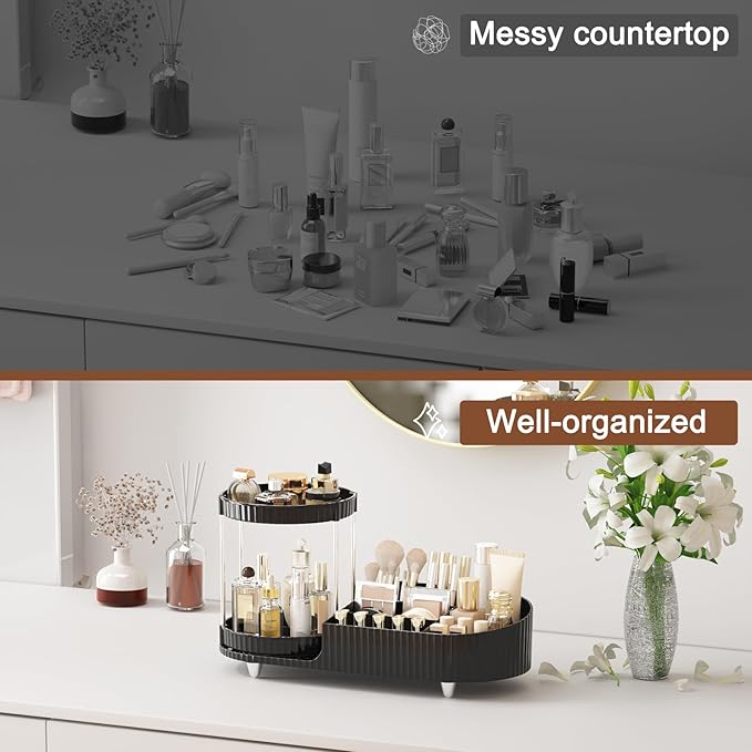 Makeup Organizer Countertop with Partition Slot for Vanity, Plastic Vanity Storage, 2-in-1 Large Desk Makeup and Skincare Organizers with Perfume Tray for Cosmetics Bathroom
