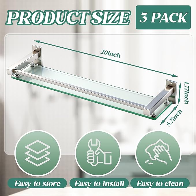 3 Pack 20 Inch Glass Bathroom Shelves for Wall, Wall Mount Glass Shelves with Stainless Steel Rail, Modern Floating Bathroom Shelf Organizer, Rectangular Room Decor for Sink, Over Toilet