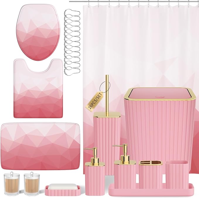 XLHOMO Bathroom Accessory Set - 26PC Bathroom Shower Curtain and Rug Set, Bathroom Accessories Set, Pink Bathroom Set with Trash Can, Toilet Brush, Qtip Holder & Soap Dispenser
