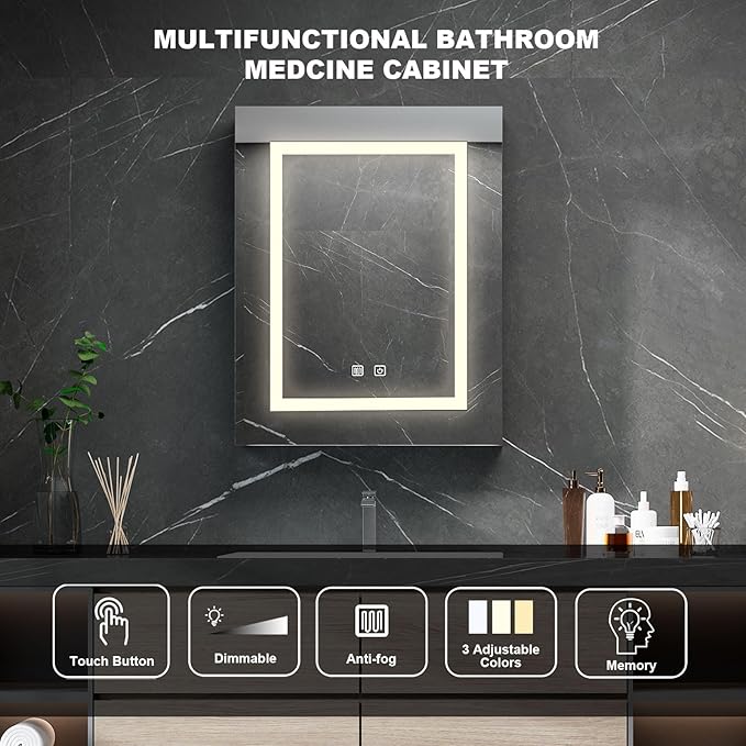 Black Medicine Cabinet with Led Lights,Lighted Medicine Cabinet with Mirror,Mirror Cabinet with 3 Storage Shelf Wall Mounted, Medicine Cabinet with Defogger,24x30Inch