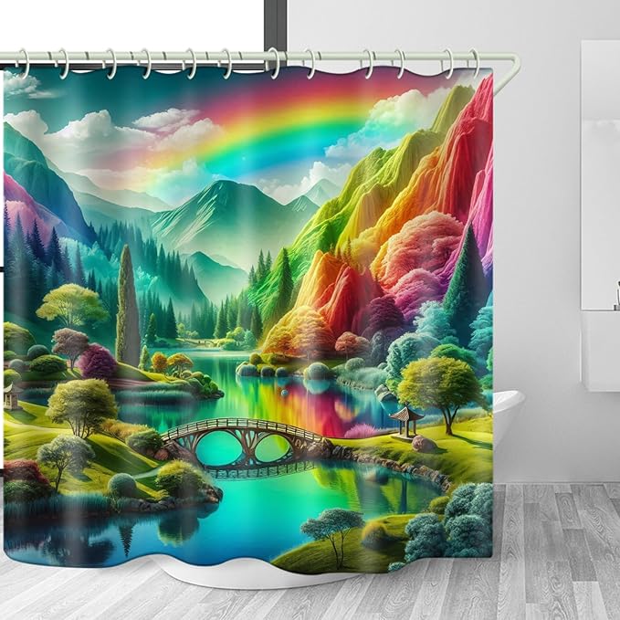 Shower Curtains, Colorful Mountain Theme Design Art Shower Curtains, Bathroom Decoration Set, 12 Shower Curtain Hooks (72 "Wx72 L) Inch Waterproof Shower Curtain.