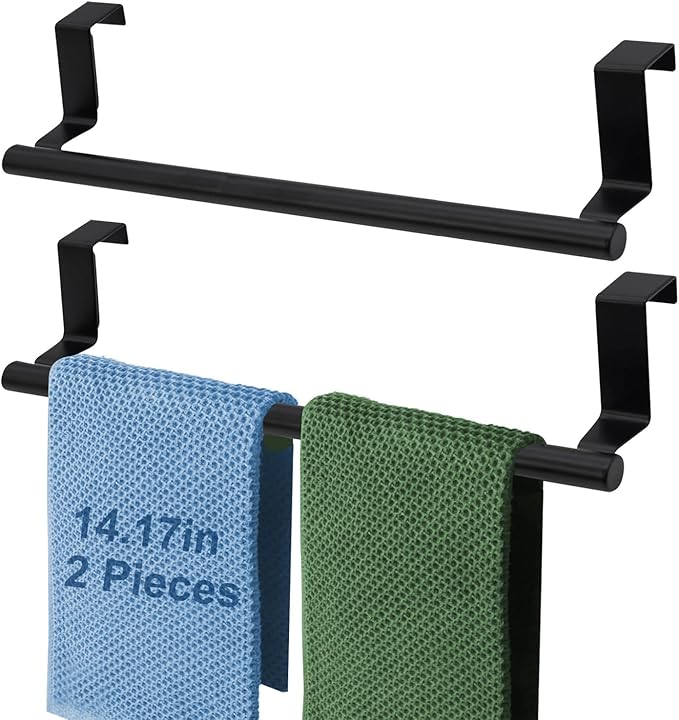 Mziart Over The Door Towel Rack, 2 Pack Matte Black Towel Bar Holder for Bathroom Kitchen Cabinet Cupboard Doors, EVA Foam Protective Pad & Non-Slip Self-Adhesive Blocks (14 Inch)