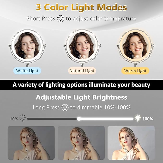 Vanity Mirror with Lights,4000mAh Rechargeable Double Sided Magnifying Mirror with 3 Colors Adjustable,1x/10x Lighted Makeup Mirror,360°Rotation Touch Screen with Memory Function,Nickel