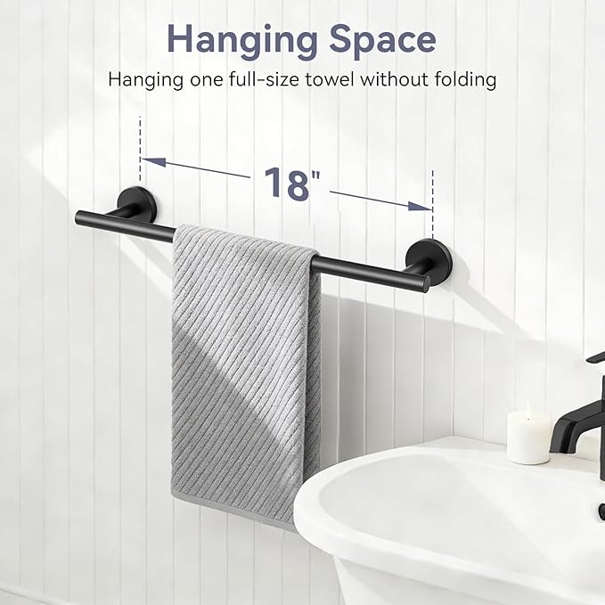Matte Black Towel Bar, 18 Inch Towel Rack for Bathroom Wall-Mounted, SUS304 Stainless Steel, Total Length 20 Inch