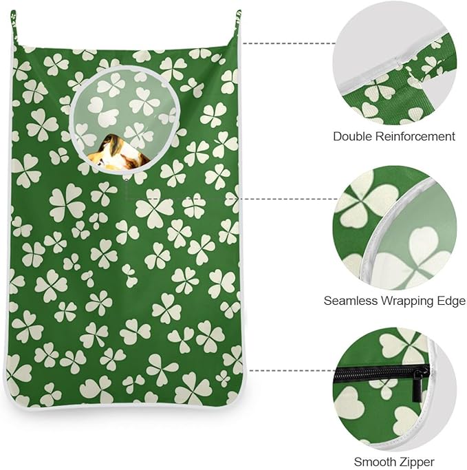St. Patrick's Day Clovers Green Door Hanging Laundry Hamper Bag with Free Adjustable Stainless Steel Hooks Dirty Clothes Hamper Extra Large Over the Door Laundry Hamper 29.5X20inch 1 PCS