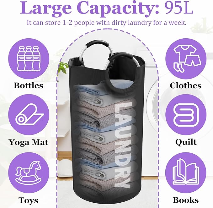 95L Large Laundry Hamper for Adult, Foldable Black Laundry Basket with Soft Handles, Freestanding Dirty Clothes Hampers, Portable Laundry Bin for Flat, Bathroom, Black