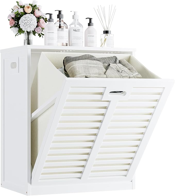 HITNET Tilt Out Laundry Hamper Cabinet, Bathroom Laundry Cabinet with 20 Gallon Clothes Basket, Space Saving Freestanding Bamboo Storage Organizer for Towels and Toys, White