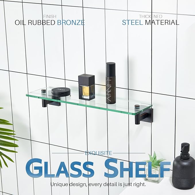 KOKOSIRI 20-Inch Bathroom Shelves Glass Floating Shelf Toilet Roll Holder Toilet Paper Holder Stainless Steel Oil Rubbed Bronze B1105ORB-L20+B2008ORB