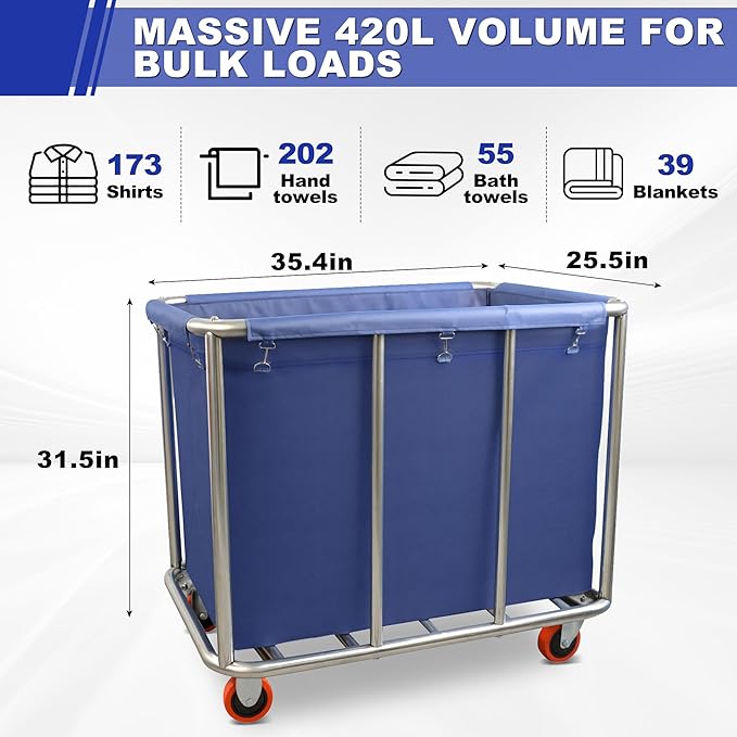 420L Commercial Rolling Laundry Cart with Wheels, 440 Lbs Heavy Duty Stainless Steel Frame Hamper, Extra Large Laundry Basket with Removable Waterproof Liner Bag for Hotel, Hospital & Dorm, Blue