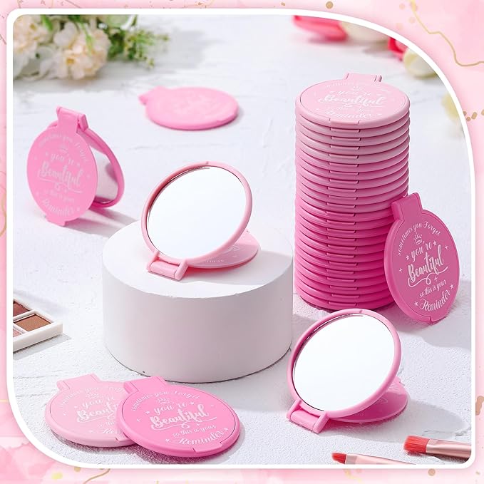 100 Pcs 2.76 Inch Inspirational Compact Mirror Bulk Women Small Gifts Graduation Party Favors Purse Mirror Pocket Mini Stuffer Items for Adult Coworker Cheerleader Employee (Pink Series)