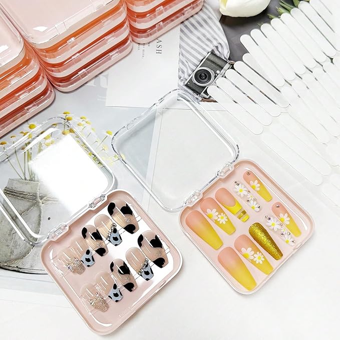 12pcs Press on Nail Storage Box with 60 Pcs Adhesive Tape Acrylic Nail Display Box Artificial False Nail Box Organizer Fake Nail Case Transparent Nail Packaging Boxes (12pcs Pink Nail Box)