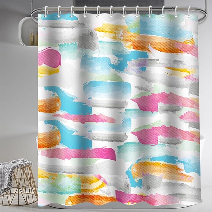 Lnond 4Pcs Abstract Shower Curtain Sets with Rugs, Watercolor Geometric Paint Bathroom Sets with Shower Curtain and Rugs and Accessories