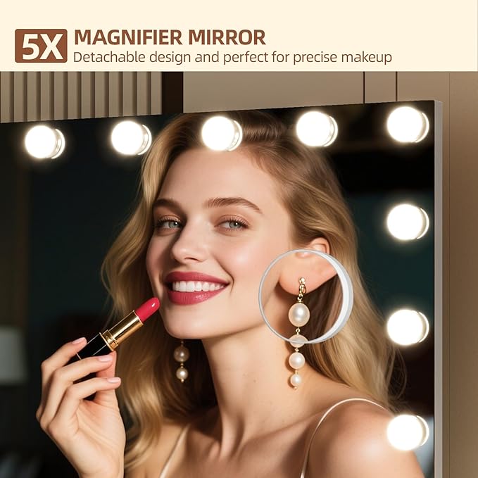 Memobarco Vanity Mirror with Lights, Makeup Mirror with USB/Type-C Charging, Large Hollywood Mirrors w/ 18 LED Bulbs & 5X Magnifier, LED Mirrors for Bedroom Tabletop & Wall Mounted