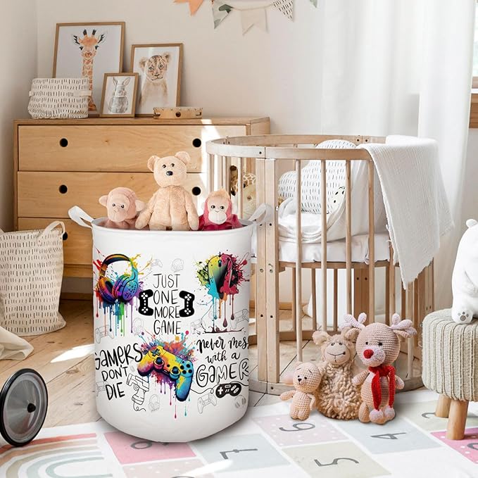 Watercolor Gamer Laundry Basket, Toybox for Boys Room, Game Lovers Laundry Basket Hamper Waterproof Collapsible Clothes Toys Storage Bin Organizer for Bedroom Bathroom Boys Gamer Room