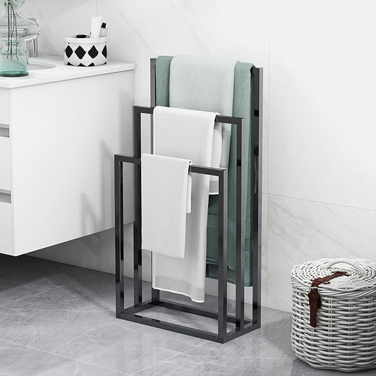 BOFENG 3 Tiers Black Metal Towel Rack Chrome Tall Industrial Modern Freestanding Towel Holder for Bathroom Accessories Organizer for Bath Storage & Hand Towels,Washcloths,Next to Tub or Shower