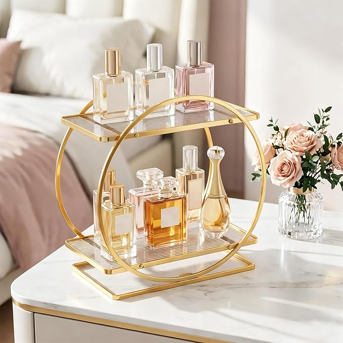 BO2703 2 Tier Bathroom Organizer, Perfume Organizer for Dresser, Gold