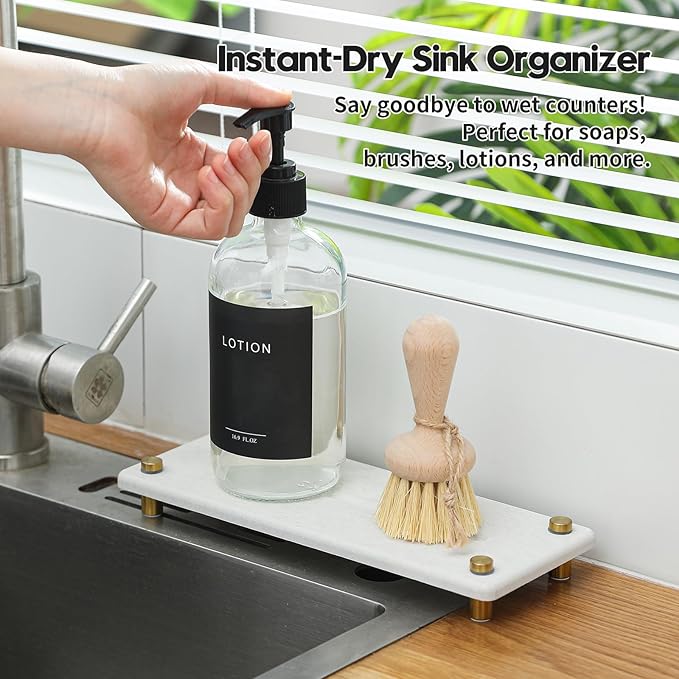 Razborci Stone Drying Tray, Gold Sink Caddy, Water Absorbing Faucet Mat Kitchen Sink Organizer, Diatomite Bathroom Counter Coaster, Soap Dish Rack Riser Dispenser Sponge Holder, Beige 10" x 4"