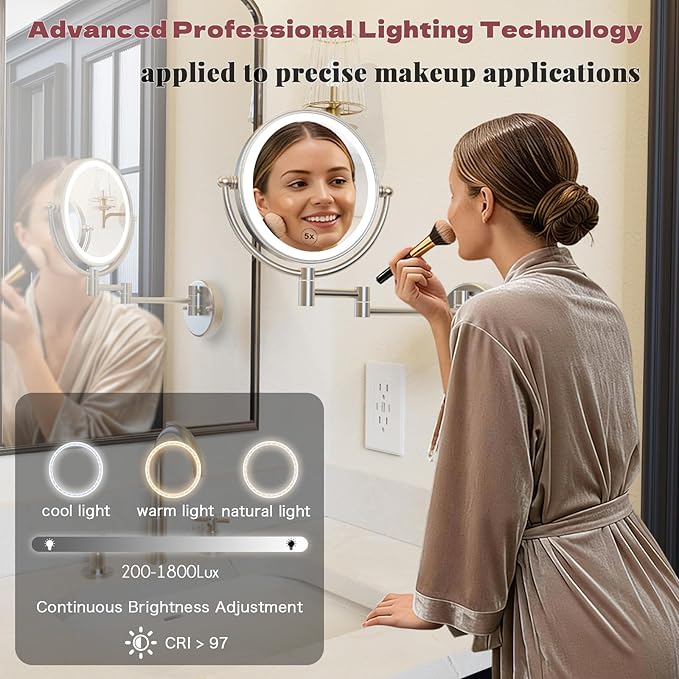 Upgraded Brightness 3-Colors LED 5X Bathroom Magnifying Mirror Wall Mounted, Double Sided Touch Dimming Wall-Mounted Close up Mirror with Lighting, Rechargeable, Brushed Nickel