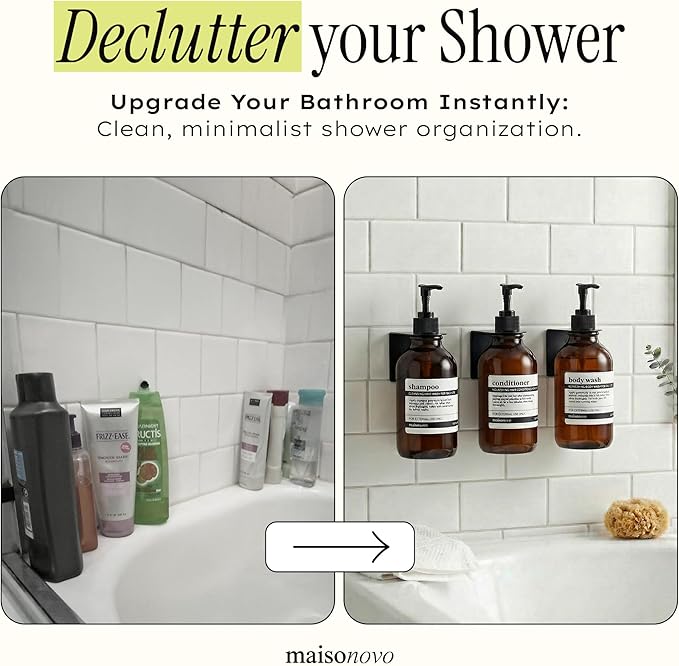 Shampoo and Conditioner Dispenser Wall Mounted Set of 3 Amber Black - No Drill Shower Soap Dispenser for Bathroom Refillable - Spa Hotel Style Accessories by MaisoNovo