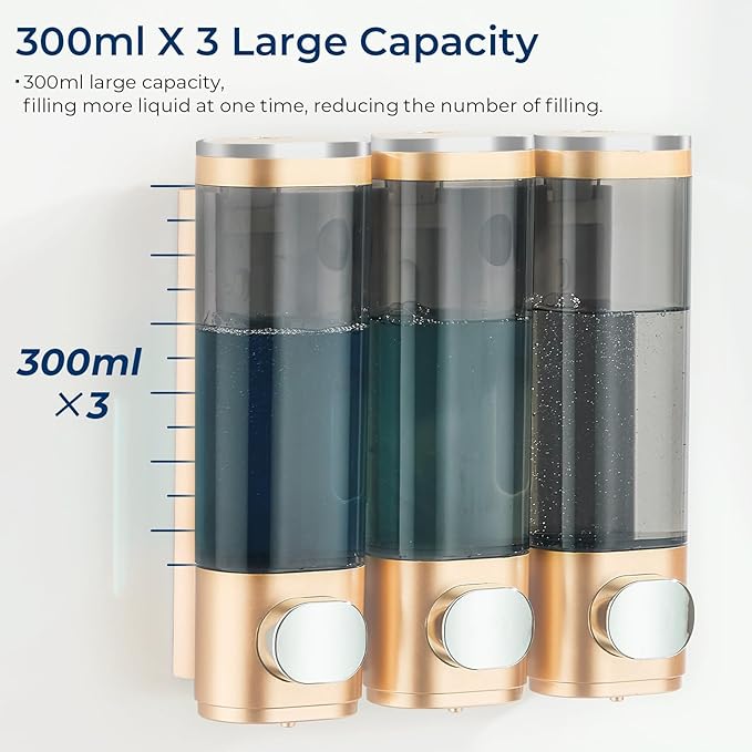 pollock Shampoo Conditioner Dispenser Shower Soap Dispenser 3 Chamber No Drill Shampoo Dispenser for Shower Wall Mounted Shampoo Conditioner Body Wash Dispenser for Bathroom Hotel Gold