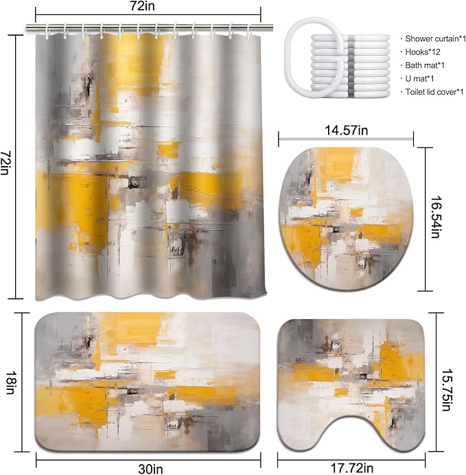 Lnond 4Pcs Bathroom Shower Curtain Sets with Rugs,Yellow Grey Ombre Bathroom Sets with Shower Curtain and Rugs and Accessories