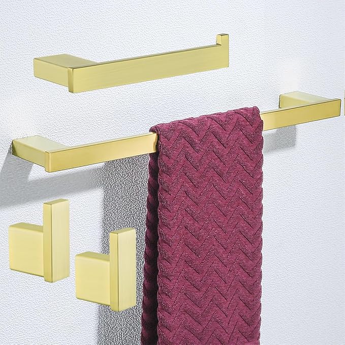 Brushed Gold Bathroom Hardware Accessories Set 4 Pieces Bath Towel Bar Set with 18 Inch Towel Bar,Toilet Paper Holder,Towel Hooks,SUS 304 Stainless Steel Wall Mounted Bathroom Towel Rack Set