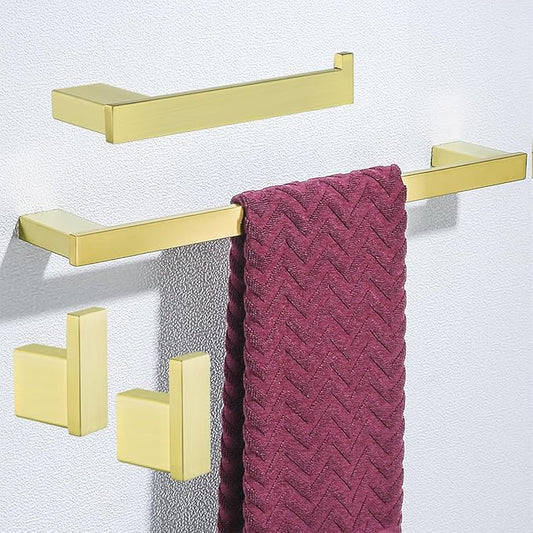 Brushed Gold Bathroom Hardware Accessories Set 4 Pieces Bath Towel Bar Set with 18 Inch Towel Bar,Toilet Paper Holder,Towel Hooks,SUS 304 Stainless Steel Wall Mounted Bathroom Towel Rack Set