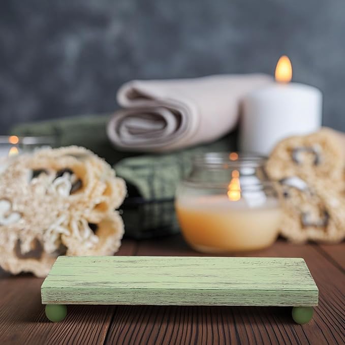 Amyhill Wood Pedestal Stand Kitchen Soap Tray Farmhouse Wooden Riser Stand for Kitchen Bathroom Counter Table Decor Plant Candle Vases Display(Classic,Green,12 x 7 Inch)