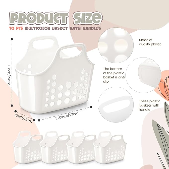 Nuogo 10 Pack White Basket with Handles Plastic Oval Carry Totes with Handles Caddy Multipurpose Organizer Reusable for Bathroom Dorm Communal Showers Kitchen School, 10.6" x 6" x 10"