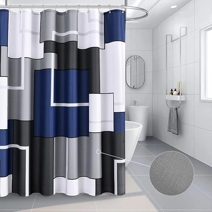 Hokibero Navy Blue Shower Curtain Set with Hooks Shower Curtain for Bathroom Fabric Abstract Geometric Decorative Gray 84 Inches Water Repellent 72x84