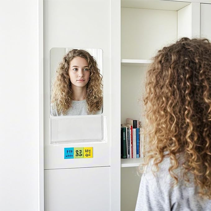 Magnetic Locker Mirror with Fully Magnetic Back, 9.45" x 5.51" Small Real Glass Super Clear Reflection Mirror with Storage Pocket for School Locker Refrigerator Office Cabinet -Grey, 1 Pc