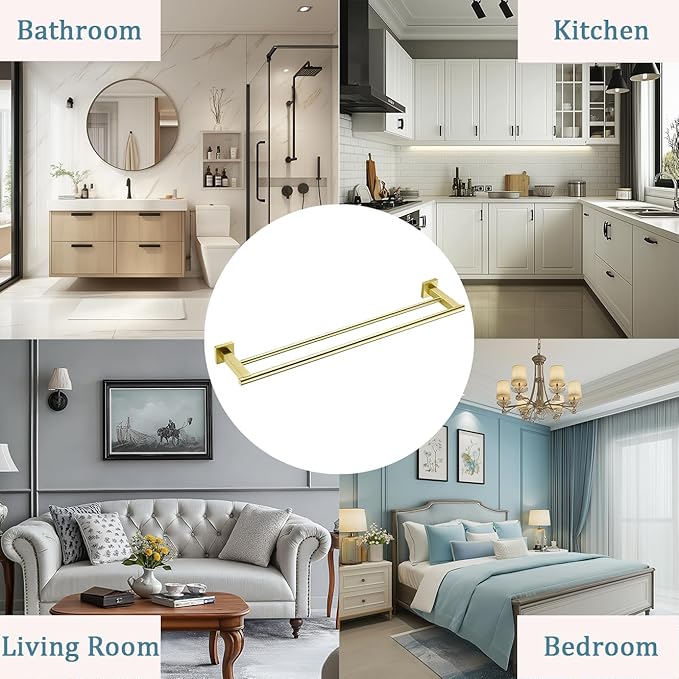 SEIDO 24 Inch Double Towel Bar, SUS 304 Stainless Steel Rustproof Towel Rack Wall Mounted, Heavy Duty Square Base Double Towel Holder for Bathroom, Kitchen, RV (Brushed Gold)
