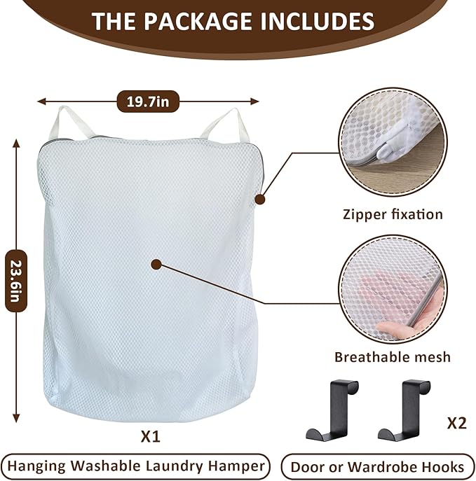 Hanging Washable Laundry Hamper, Over Door Mesh Laundry Bag with 2 Hooks, Tangle-Free Delicates Protector