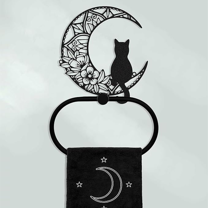 Gothic Black Cat Wall Decor Towel Ring, Moon and Cat Towel Hanger, Witchy Gothic Hand Towels Kitchen Bathroom Accessories, Bath Towel Rings Home Office Garden Hotel, Home Decors Gift